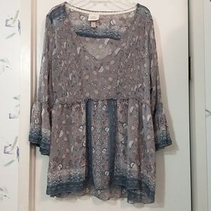 Knox Rose Gray Blue Floral Boho Babydoll Blouse